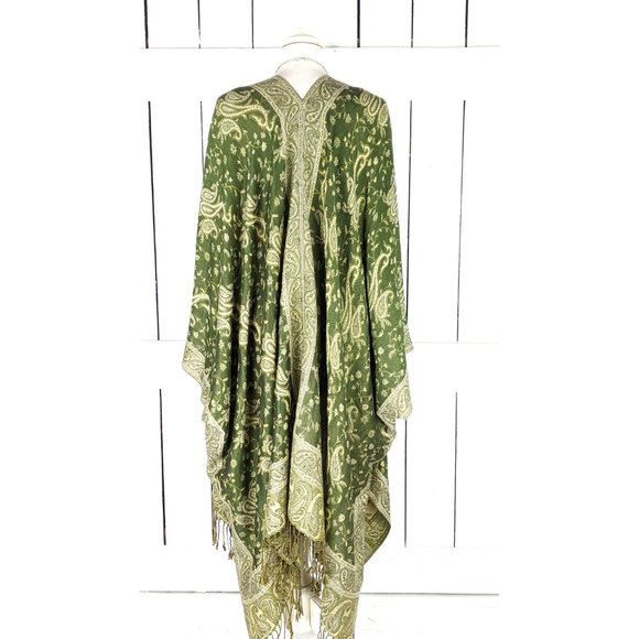 Green paisley floral fringe tassel pashmina kimono cardigan cover up jacket - Picture 5 of 5